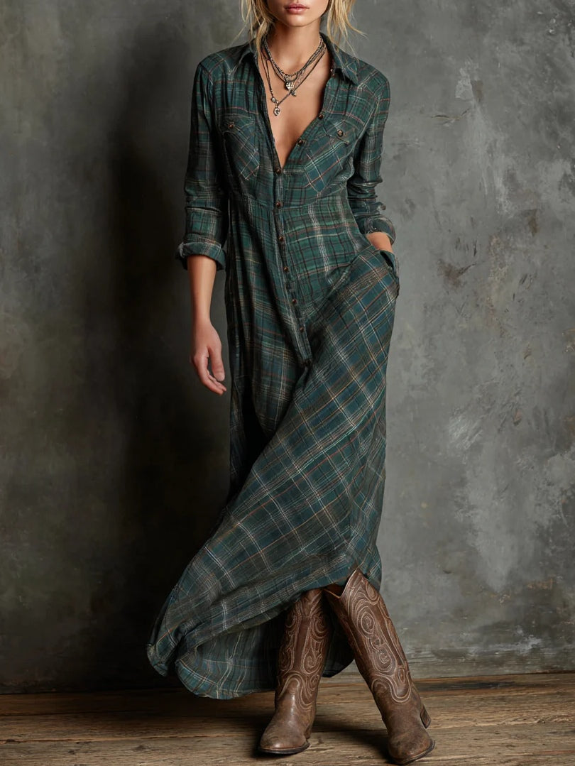 Robe chemise longue femme à carreaux, satinée et boutonnée