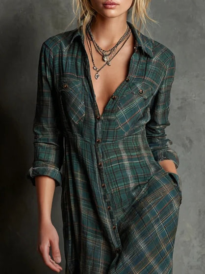 Robe chemise longue femme à carreaux, satinée et boutonnée