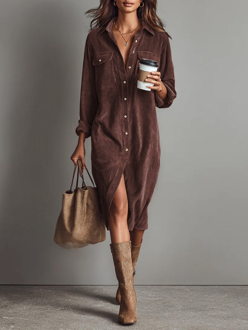 Ines Paris | Robe Midi Femme Côtelée Effet Velours à Poches