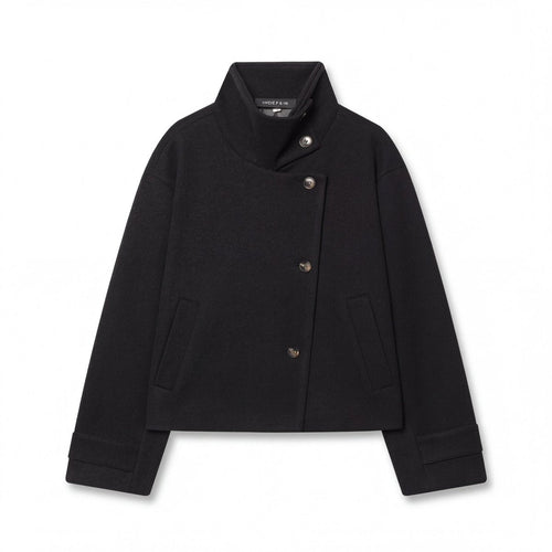 Adélaïde | Manteau Court Femme Toucher Laine à Col Montant et Boutonnage Asymétrique - Noir