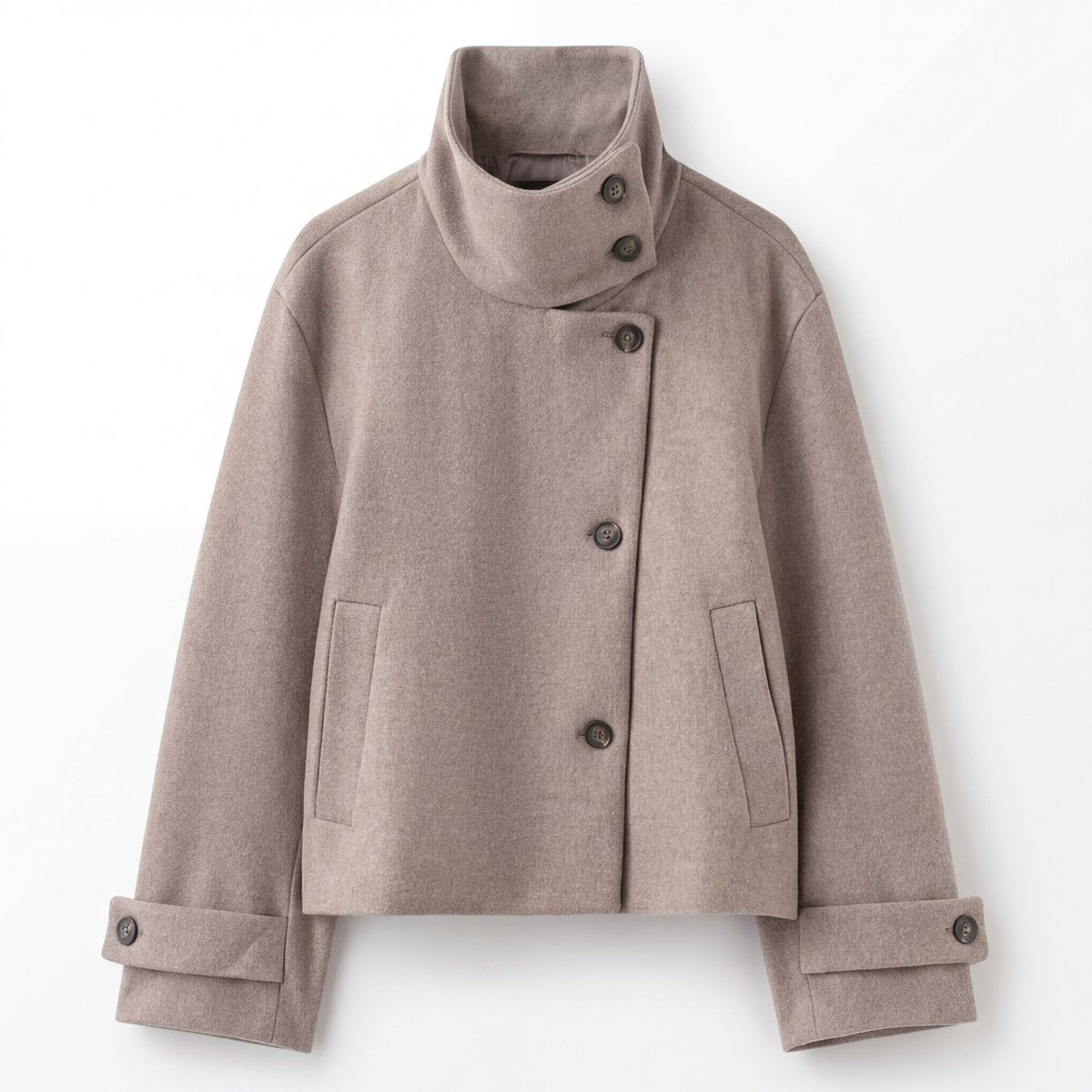 Adélaïde | Manteau Court Femme Toucher Laine à Col Montant et Boutonnage Asymétrique - Gris