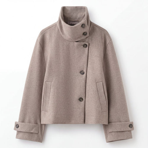 Adélaïde | Manteau Court Femme Toucher Laine à Col Montant et Boutonnage Asymétrique - Gris