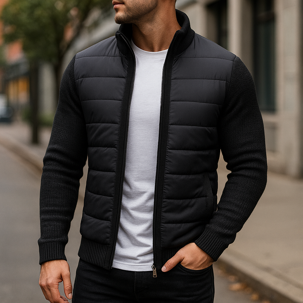 Adrien | Veste Matelassée Homme à Manches en Maille et Col Montant - Noir
