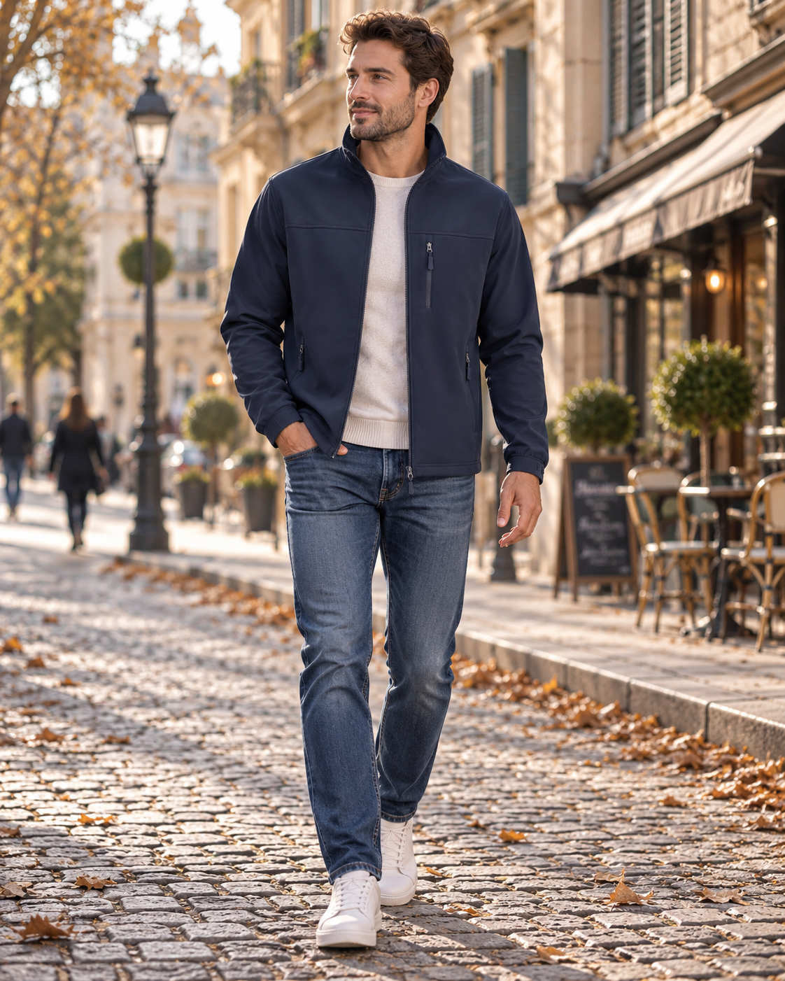 Aimé | Veste Softshell Homme Doublée Polaire, Coupe-Vent à Col Montant - Bleu marine