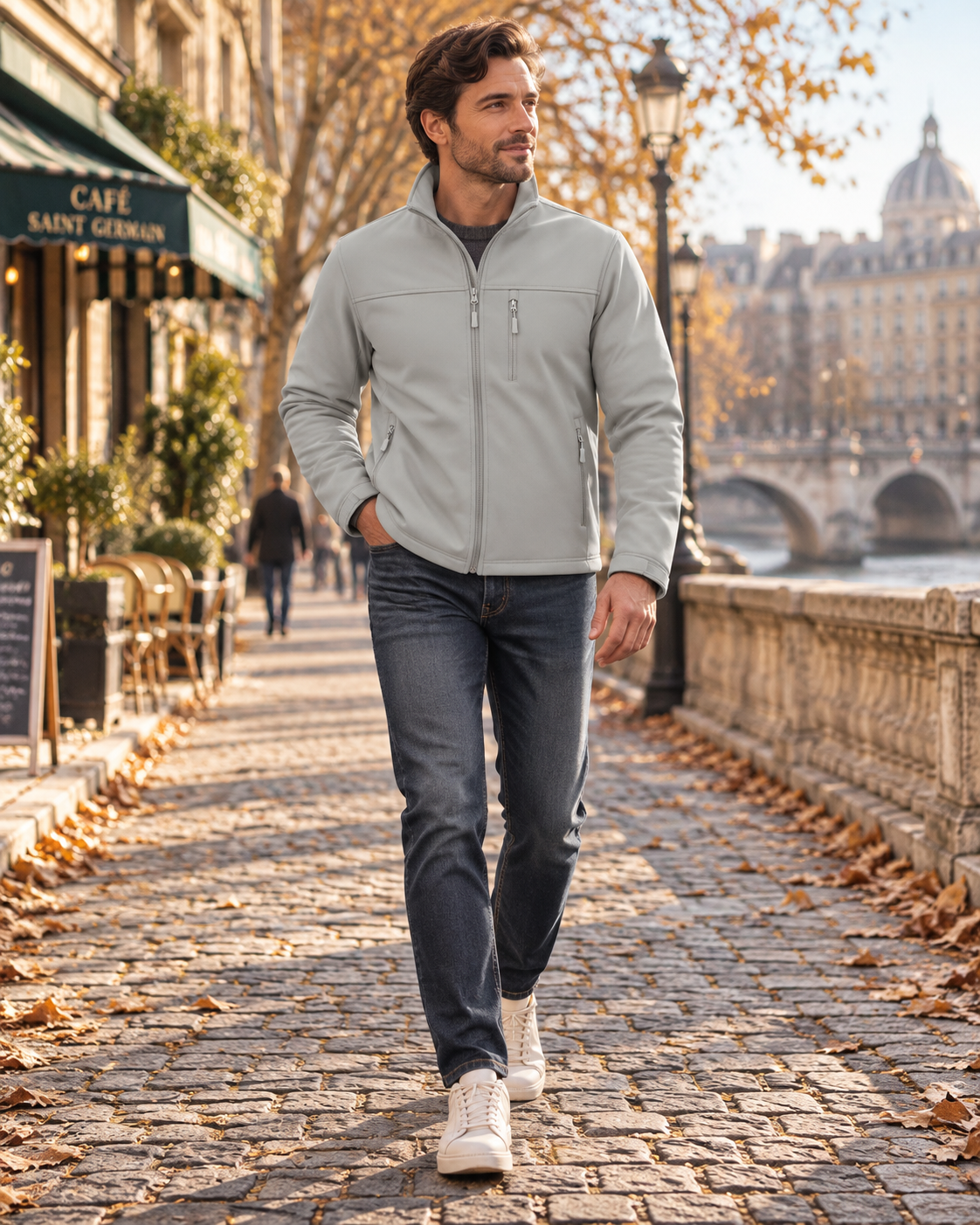 Aimé | Veste Softshell Homme Doublée Polaire, Coupe-Vent à Col Montant - Gris clair