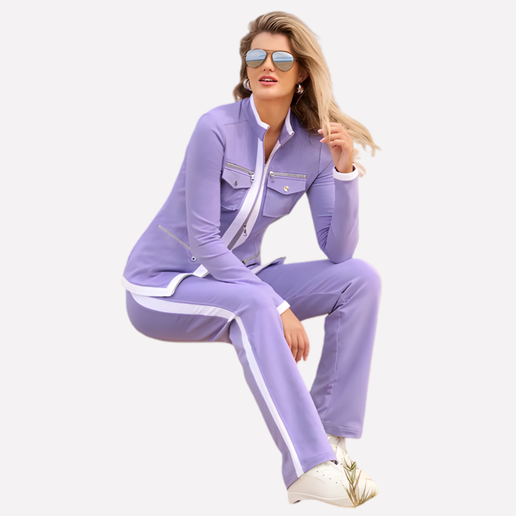 Albane | Ensemble Survêtement Femme Veste Zippée et Pantalon à Passepoils - Violet