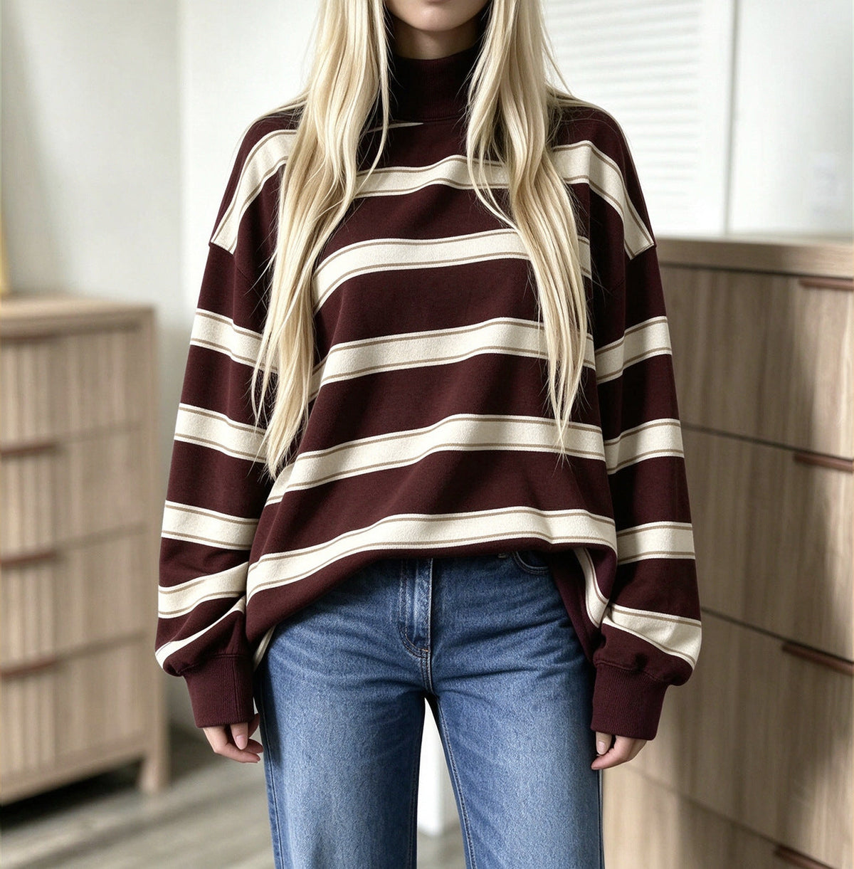 Alice | Sweat Femme Rayé Oversize à Col Montant - Bordeaux