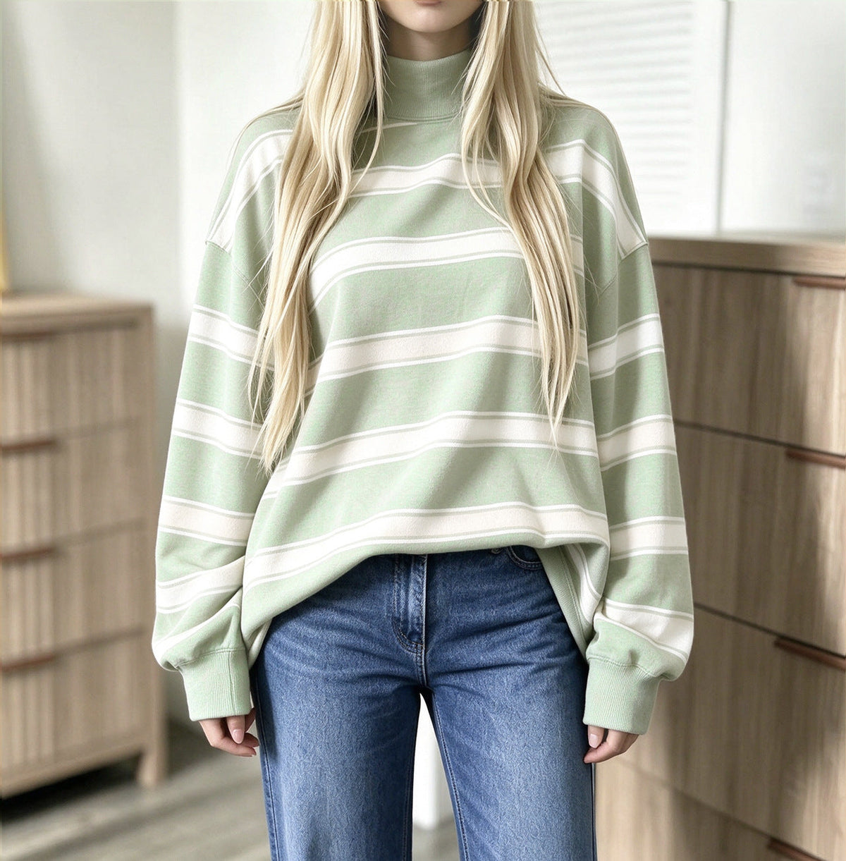 Alice | Sweat Femme Rayé Oversize à Col Montant - Vert sauge