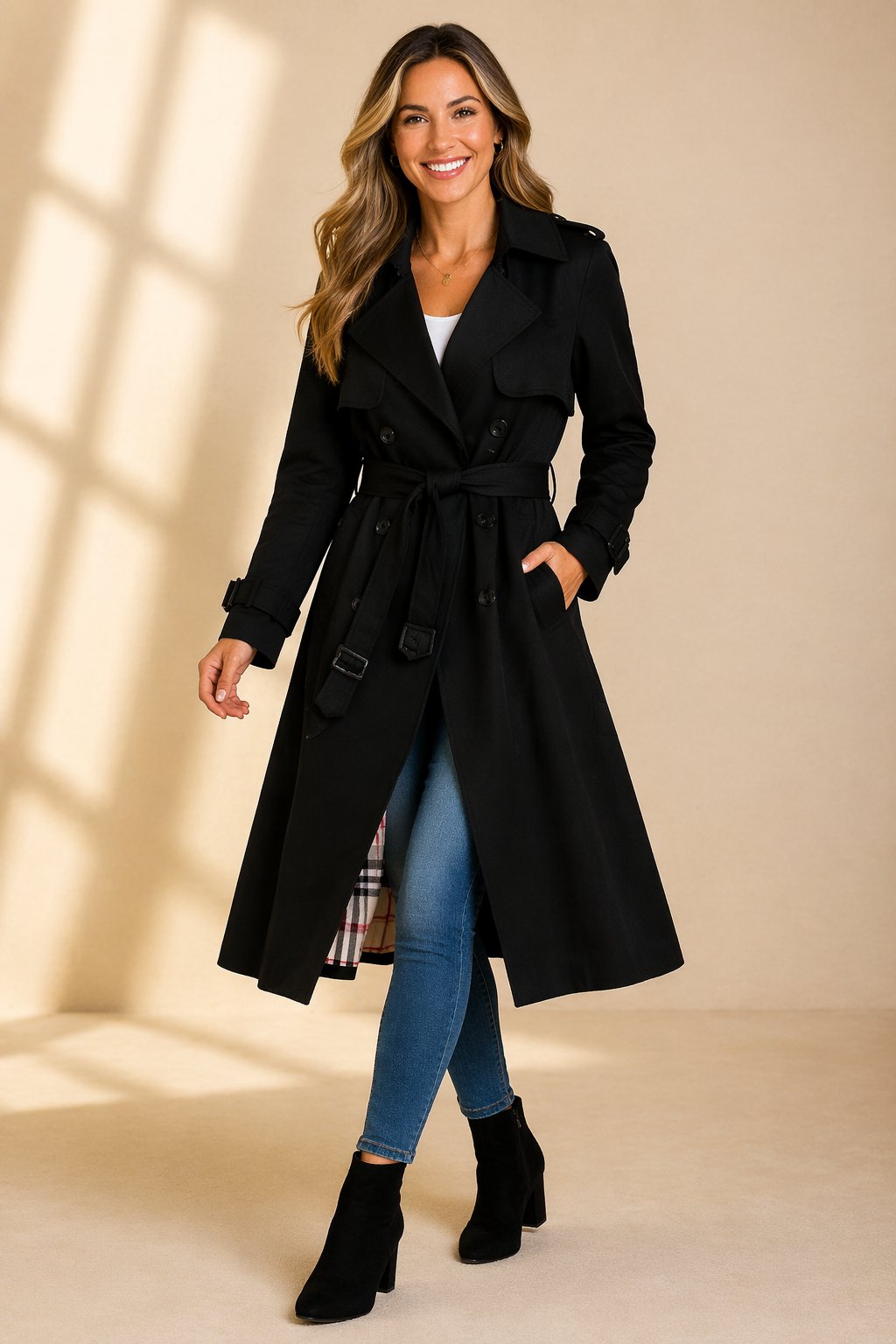 Aliénor | Trench Long Femme Croisé à Ceinture et Doublure Tartan - Noir