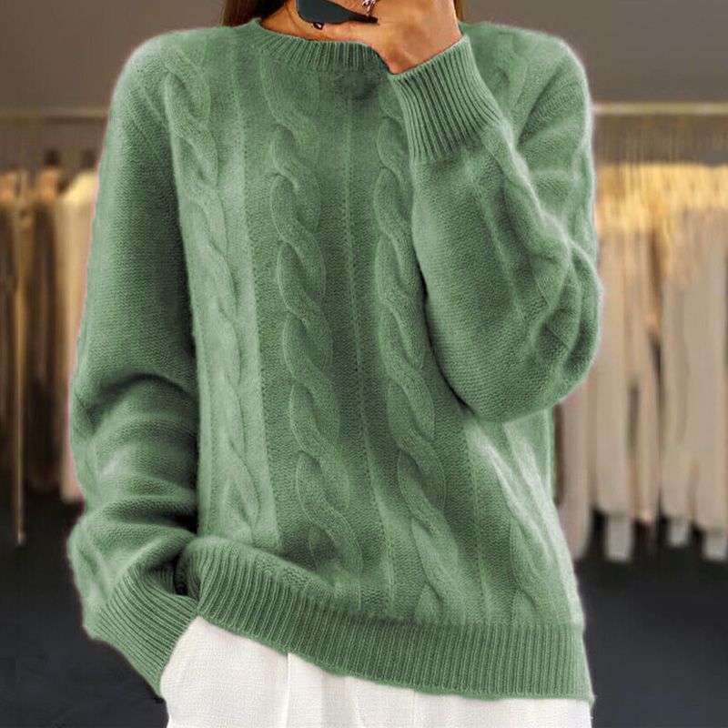 Alix | Pull Torsadé Femme Col Rond en Maille Douce Toucher Laine - Vert