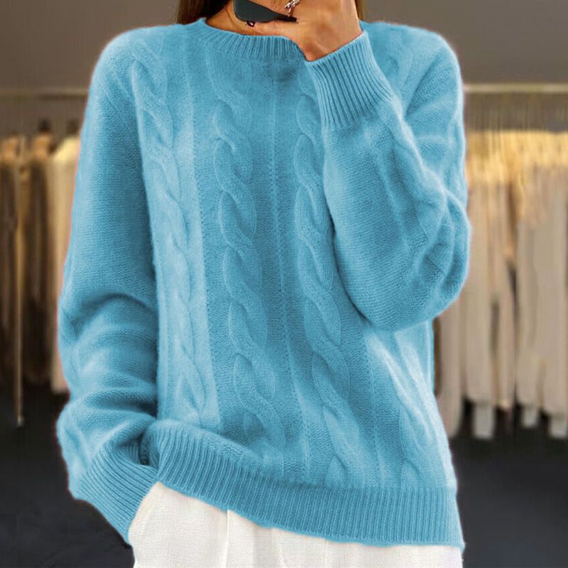 Alix | Pull Torsadé Femme Col Rond en Maille Douce Toucher Laine - Bleu ciel