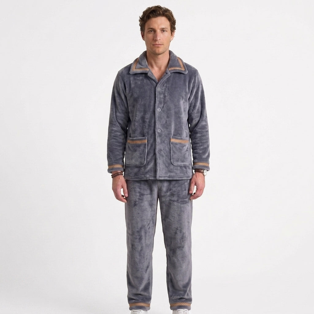 Alphonse | Pyjama Homme en Polaire Douce avec Veste Boutonnée et Pantalon - Gris
