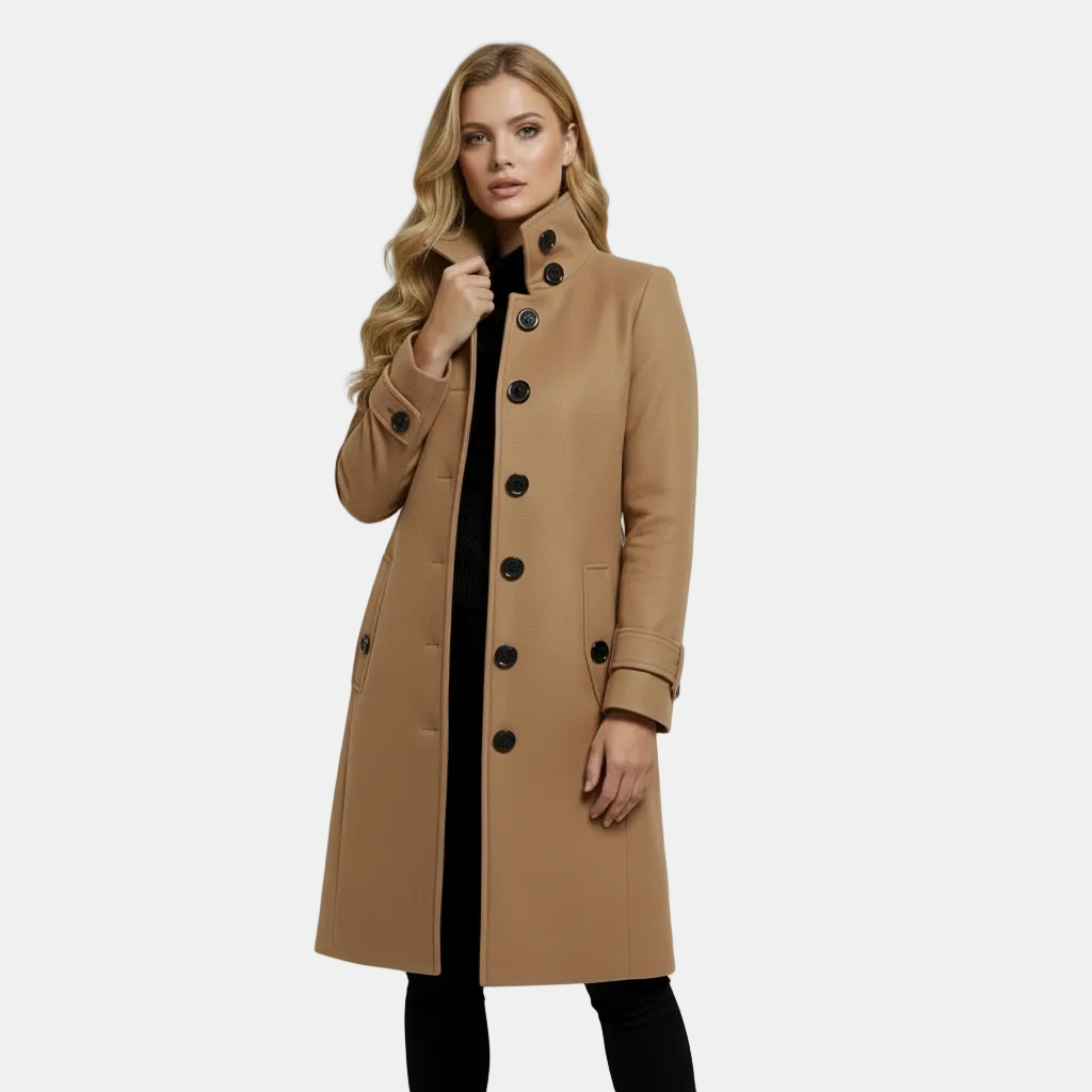 Amandine | Manteau Long Femme Toucher Laine à Col Montant et Coupe Cintrée - Camel
