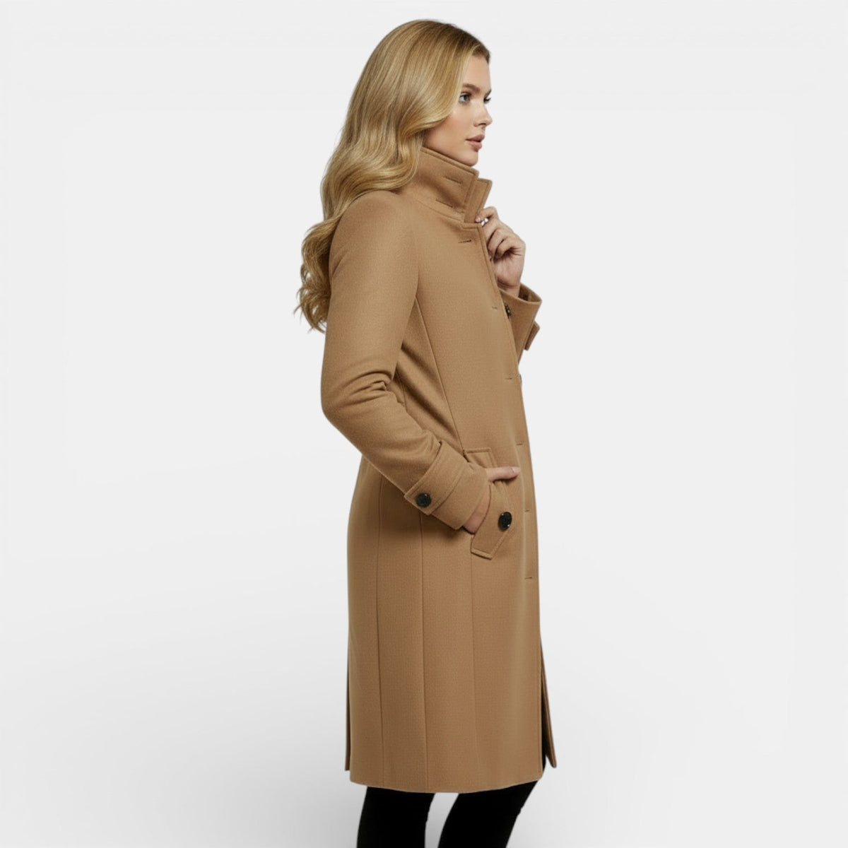 Amandine | Manteau Long Femme Toucher Laine à Col Montant et Coupe Cintrée - vue 2
