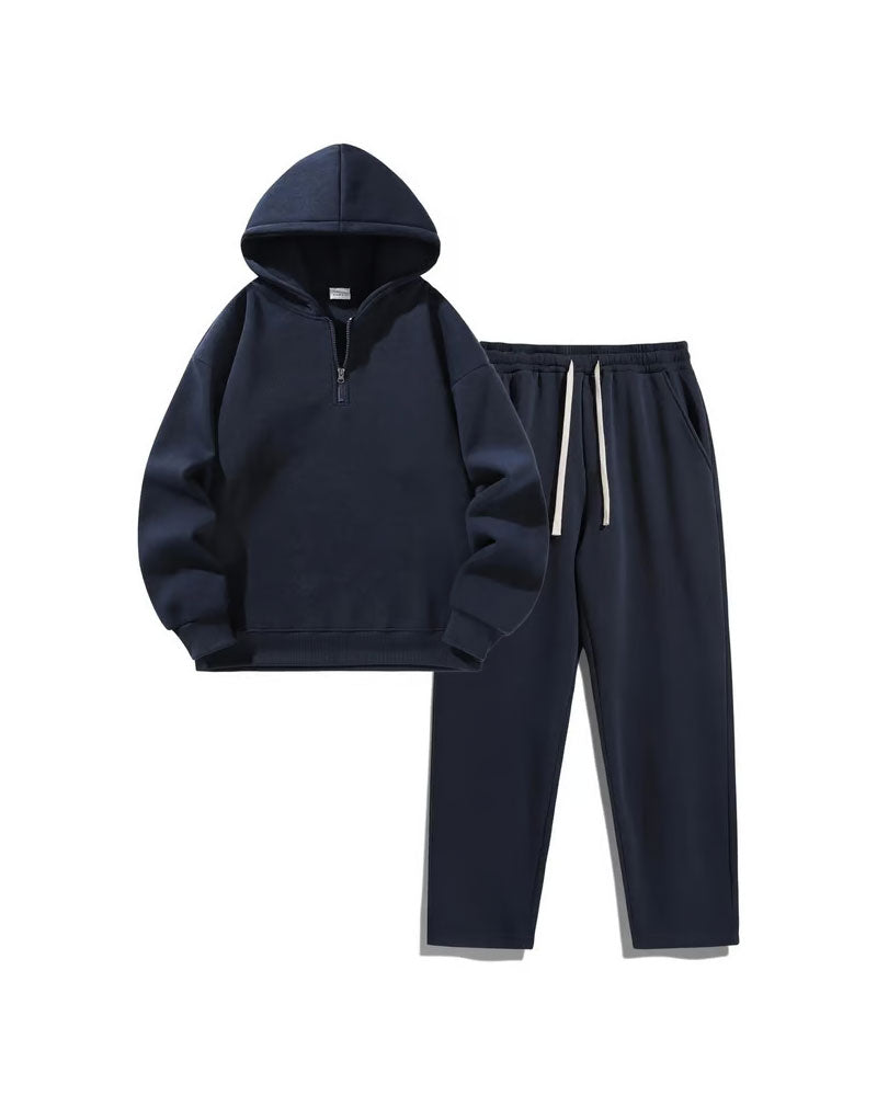 Amaury | Ensemble Homme Sweat à Capuche Demi-Zip et Pantalon en Molleton - Bleu marine