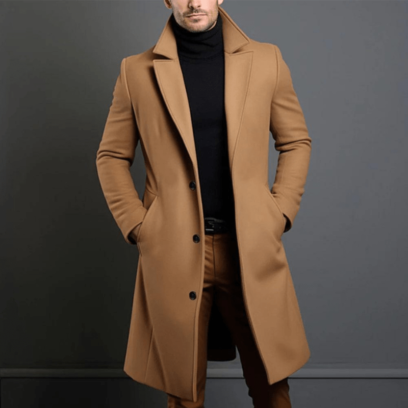 Ambroise | Manteau Long Homme Col Tailleur Toucher Laine - Kaki