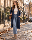 Anaïs | Cardigan Long Femme Ouvert à Col Revers et Poches, Maille Douce - Bleu marine
