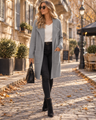 Anaïs | Cardigan Long Femme Ouvert à Col Revers et Poches, Maille Douce - Gris