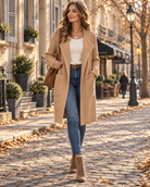 Anaïs | Cardigan Long Femme Ouvert à Col Revers et Poches, Maille Douce - Camel