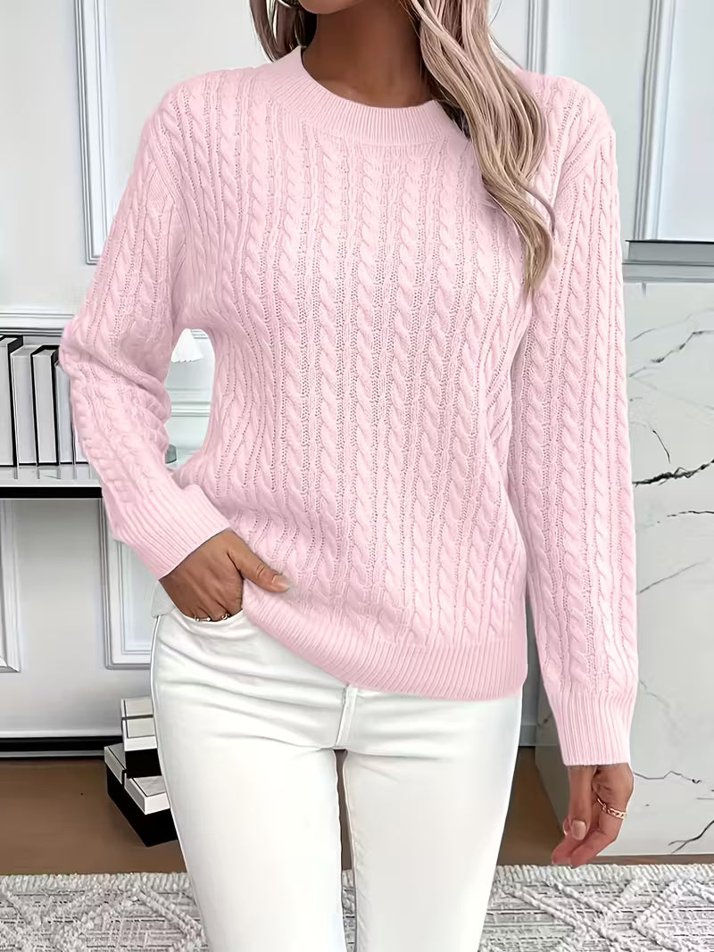 Annabelle | Pull Femme Torsadé Col Rond en Maille Chaude - Rose pâle