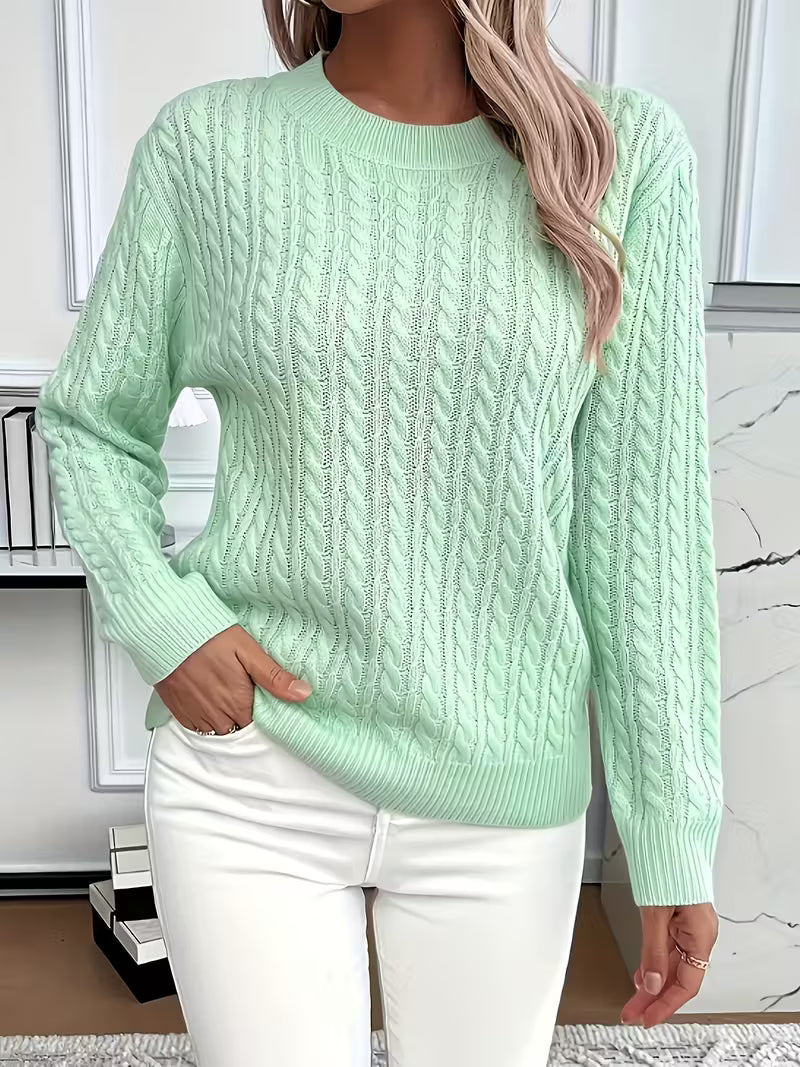 Annabelle | Pull Femme Torsadé Col Rond en Maille Chaude - Vert menthe