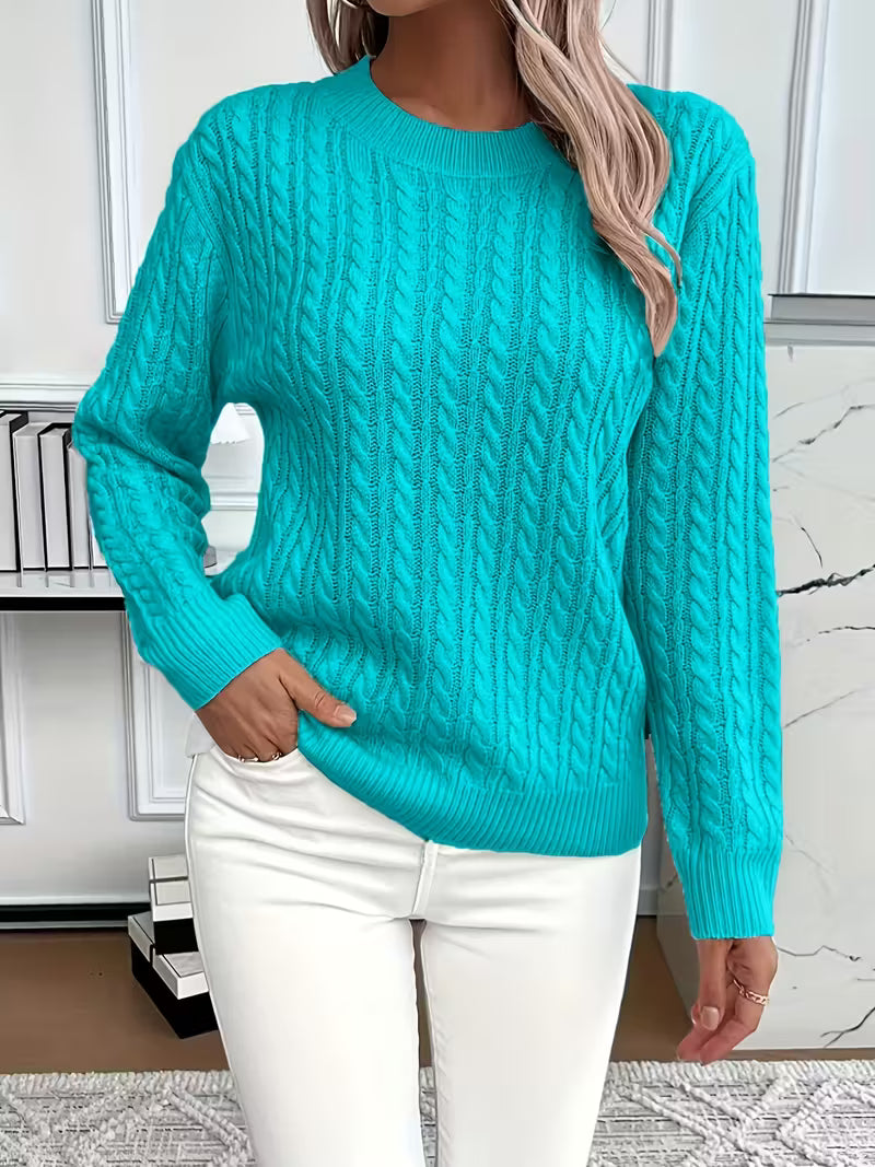 Annabelle | Pull Femme Torsadé Col Rond en Maille Chaude - Turquoise