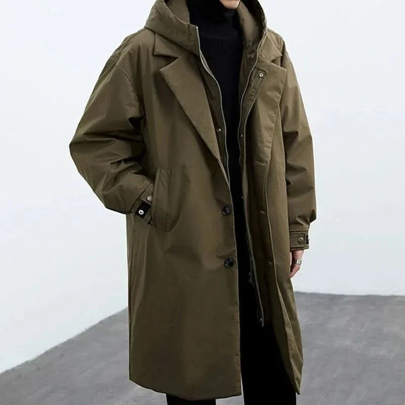 Antoine | Parka Longue Homme à Capuche et Col Revers Déperlante - Vert kaki