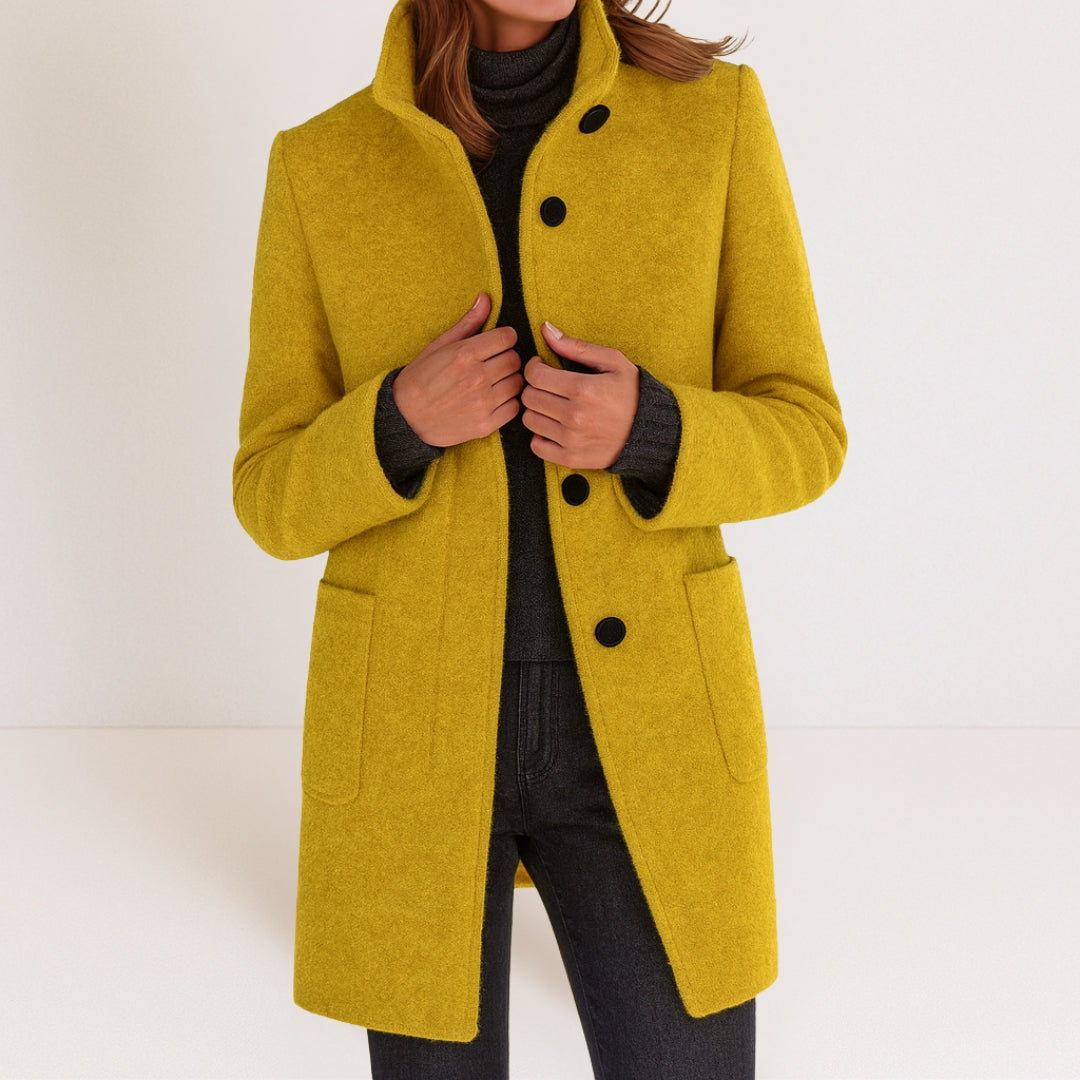 Apolline | Manteau Droit Femme Col Montant Toucher Laine à Poches Plaquées - Jaune