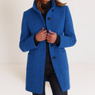 Apolline | Manteau Droit Femme Col Montant Toucher Laine à Poches Plaquées - Bleu