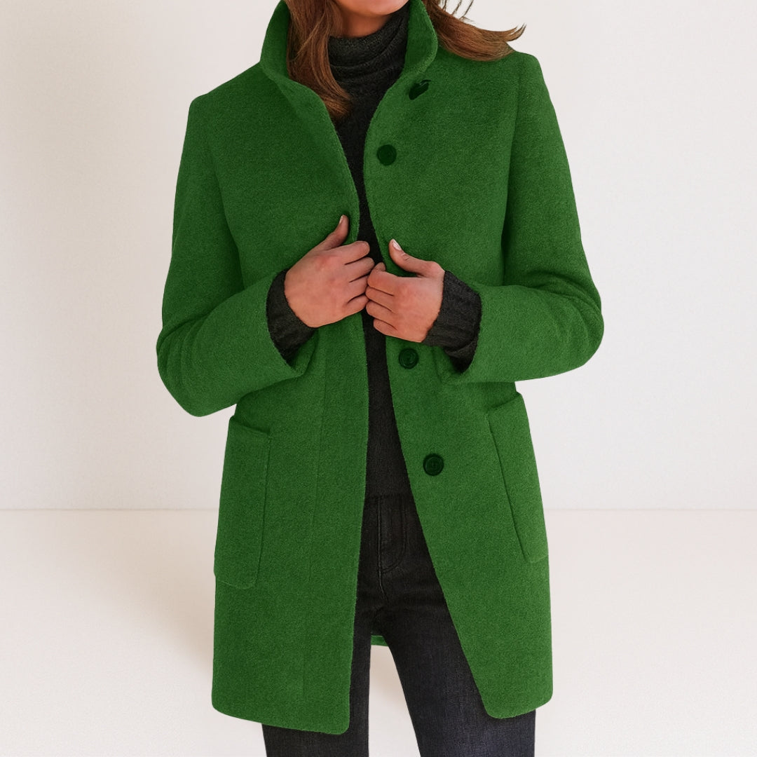 Apolline | Manteau Droit Femme Col Montant Toucher Laine à Poches Plaquées - Vert