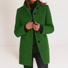 Apolline | Manteau Droit Femme Col Montant Toucher Laine à Poches Plaquées - Vert