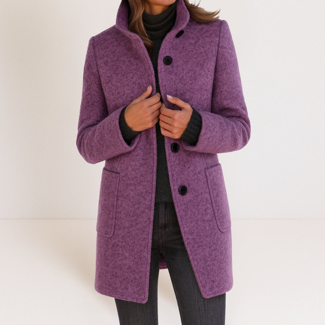 Apolline | Manteau Droit Femme Col Montant Toucher Laine à Poches Plaquées - Violet