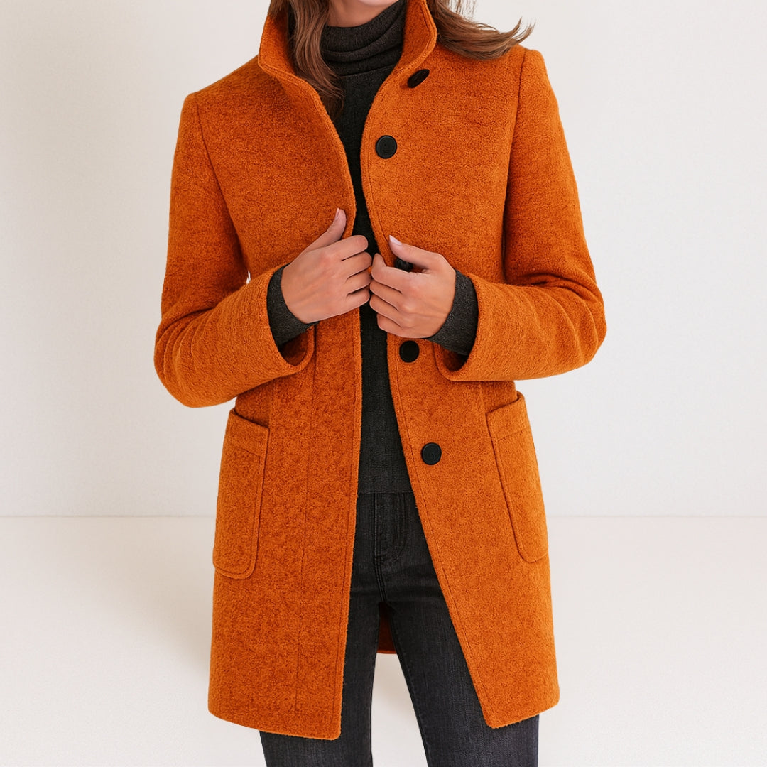 Apolline | Manteau Droit Femme Col Montant Toucher Laine à Poches Plaquées - Orange