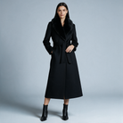 Armance | Manteau Long Femme Toucher Laine à Col en Fausse Fourrure et Ceinture - Noir