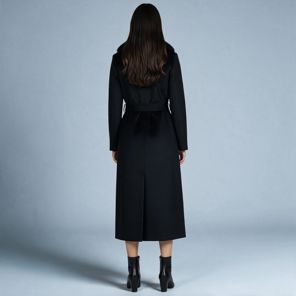 Armance | Manteau Long Femme Toucher Laine à Col en Fausse Fourrure et Ceinture - vue 3