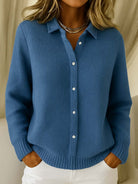 Armelle | Gilet Femme Boutonné à Col Chemise en Maille Gaufrée Oversize - Bleu jean