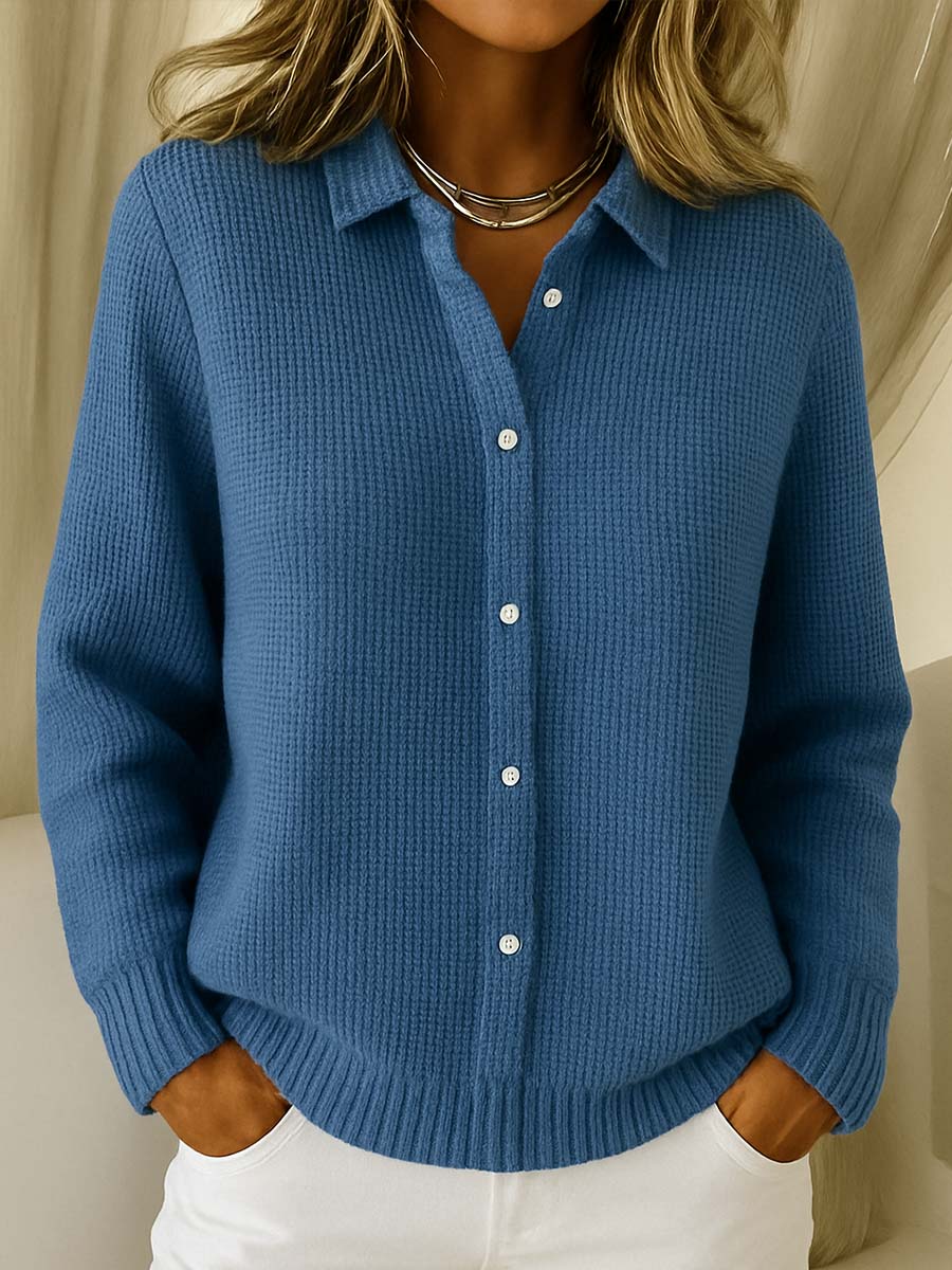 Armelle | Gilet Femme Boutonné à Col Chemise en Maille Gaufrée Oversize - Bleu jean