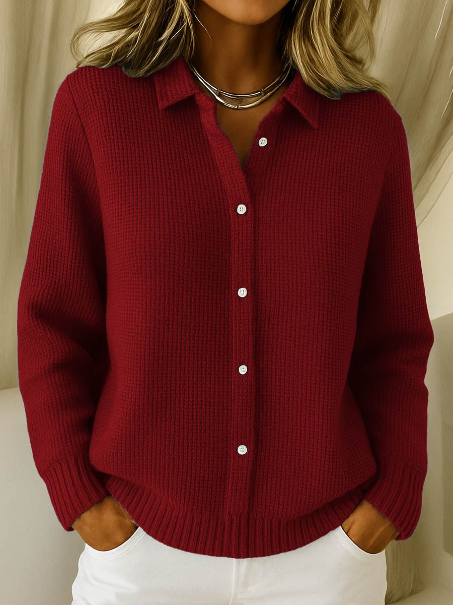 Armelle | Gilet Femme Boutonné à Col Chemise en Maille Gaufrée Oversize - Rouge