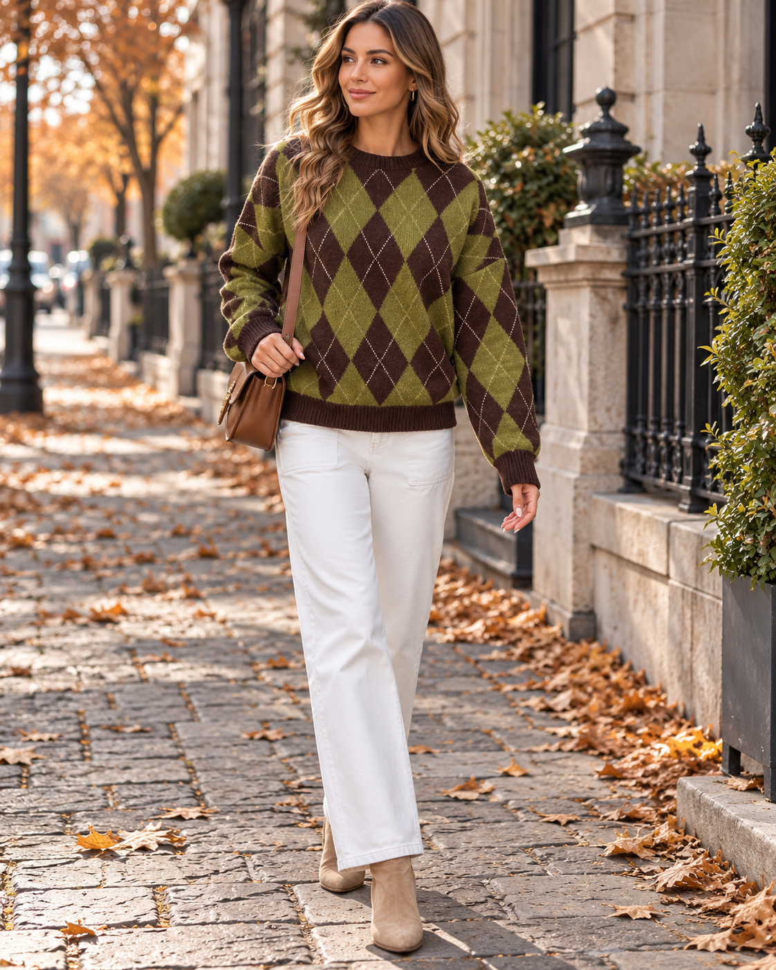 Aude | Pull Femme à Motif Losanges en Maille Douce Coupe Ample - Vert et marron