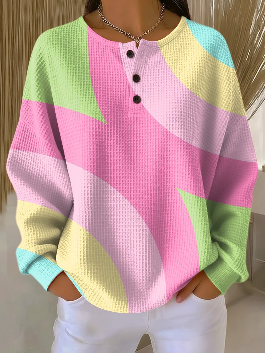 Aurore | Pull Gaufré Oversize Femme à Col Henley et Blocs de Couleurs - Rose