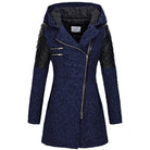 Ines Paris | Manteau d'hiver femme à capuche, zip asymétrique et empiècements effet cuir