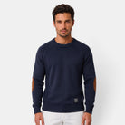 Baptiste | Pull Homme Col Rond en Maille Côtelée à Coudières Effet Daim - Bleu marine