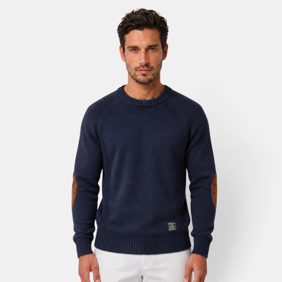 Baptiste | Pull Homme Col Rond en Maille Côtelée à Coudières Effet Daim - Bleu marine