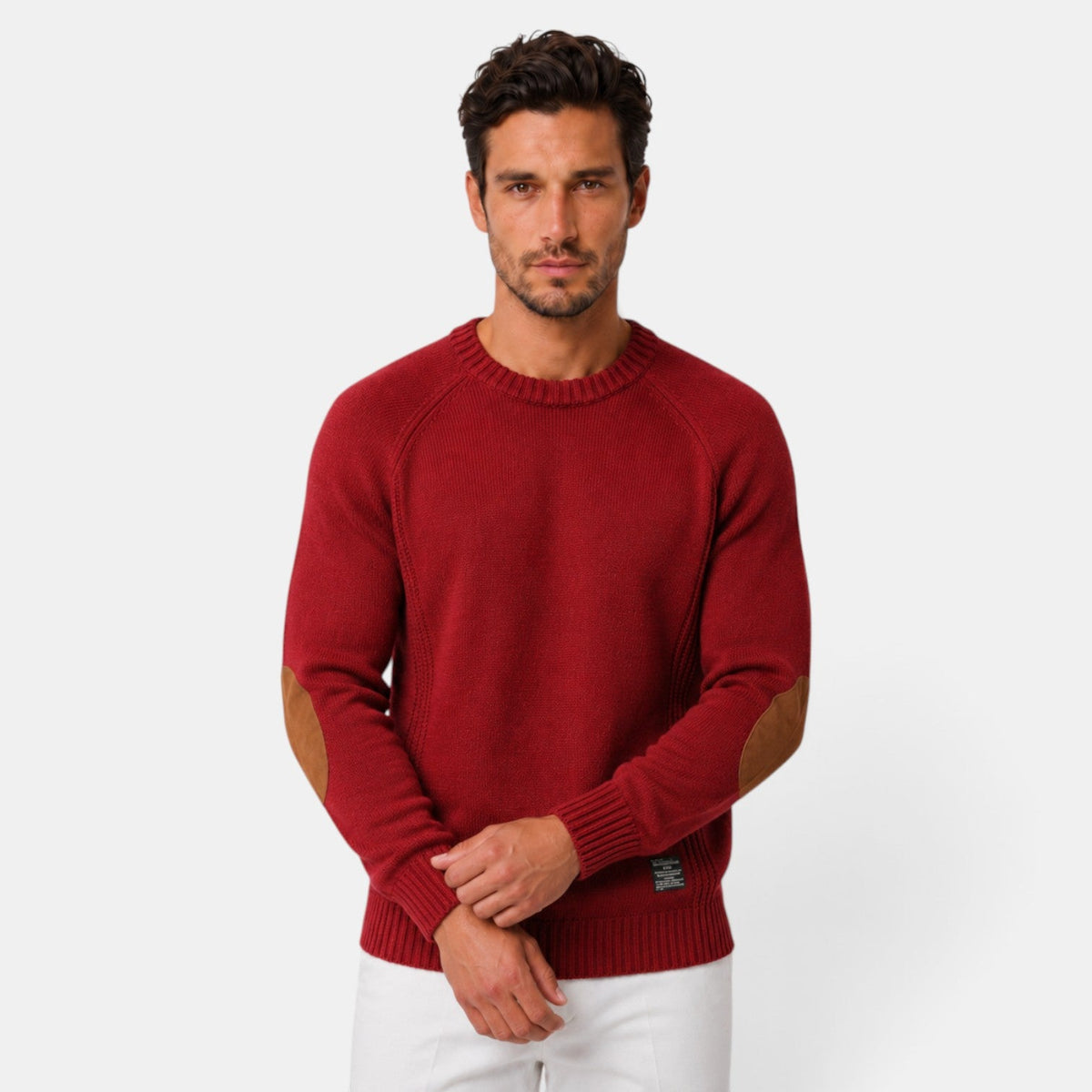 Baptiste | Pull Homme Col Rond en Maille Côtelée à Coudières Effet Daim - Rouge