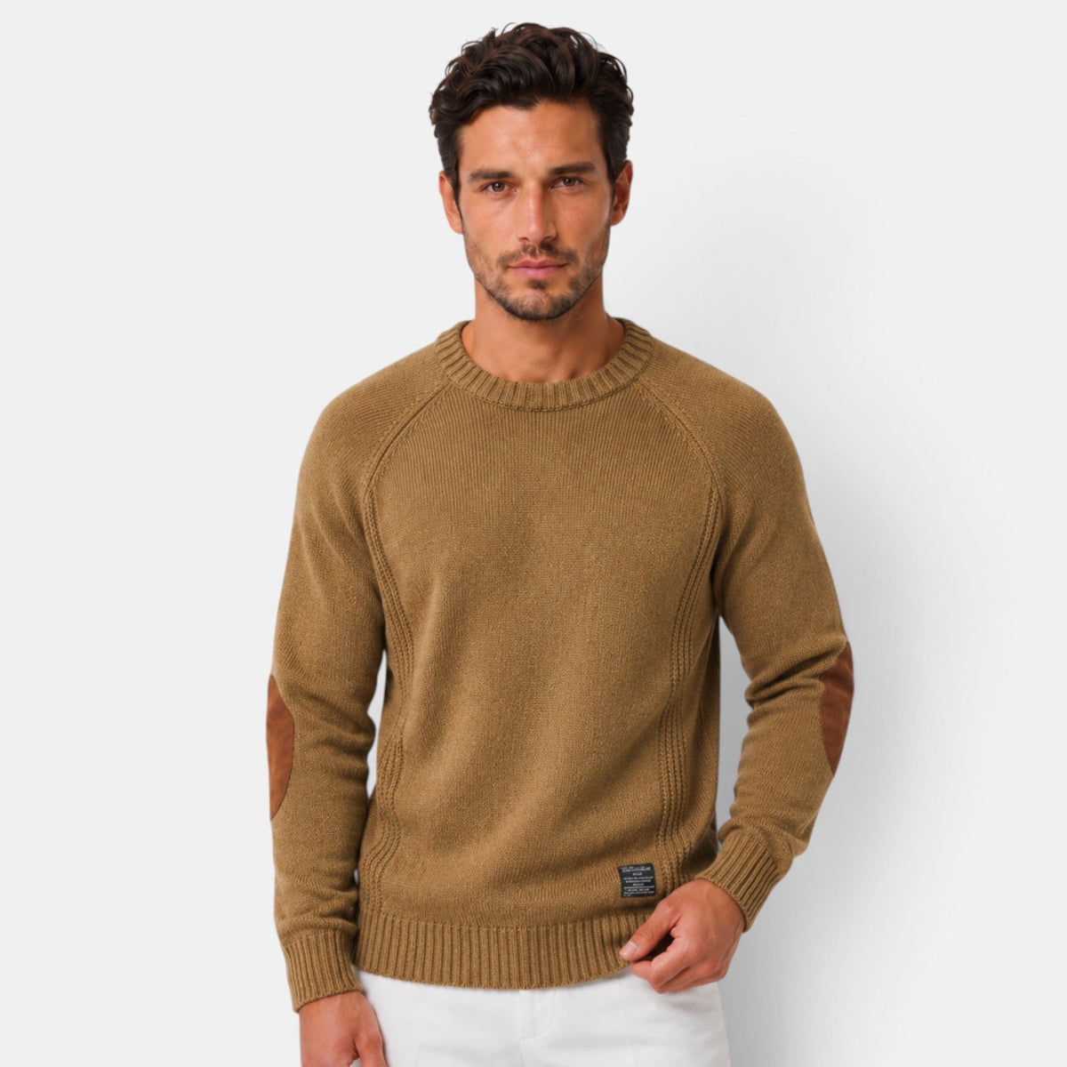 Baptiste | Pull Homme Col Rond en Maille Côtelée à Coudières Effet Daim - Marron