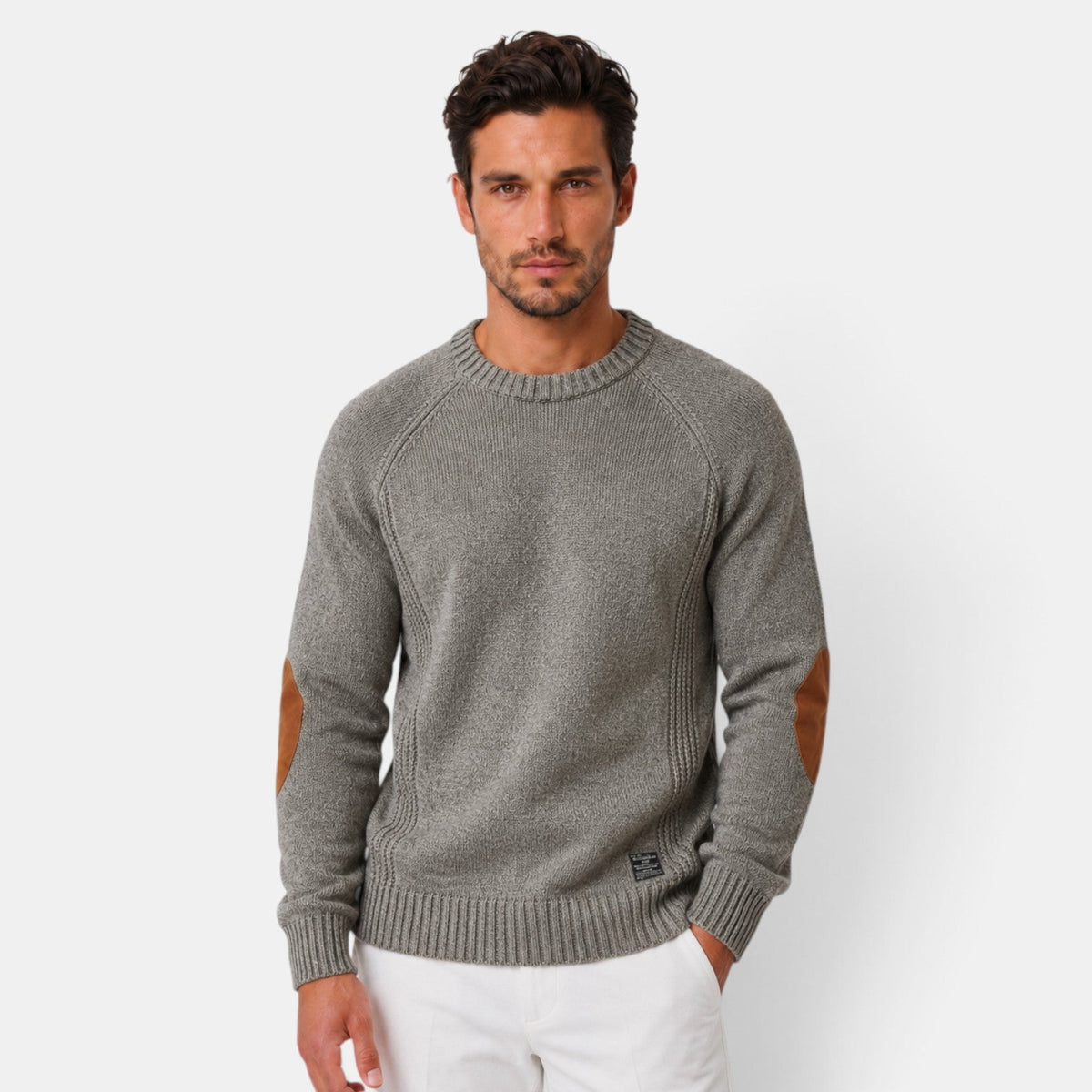 Baptiste | Pull Homme Col Rond en Maille Côtelée à Coudières Effet Daim - Gris