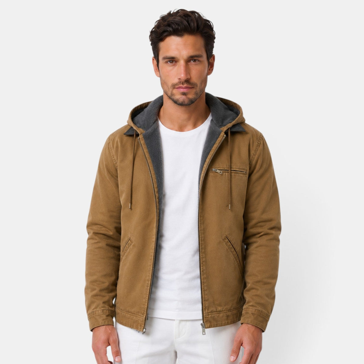Barthélemy | Veste Homme à Capuche Doublure Polaire en Toile Délavée - Marron