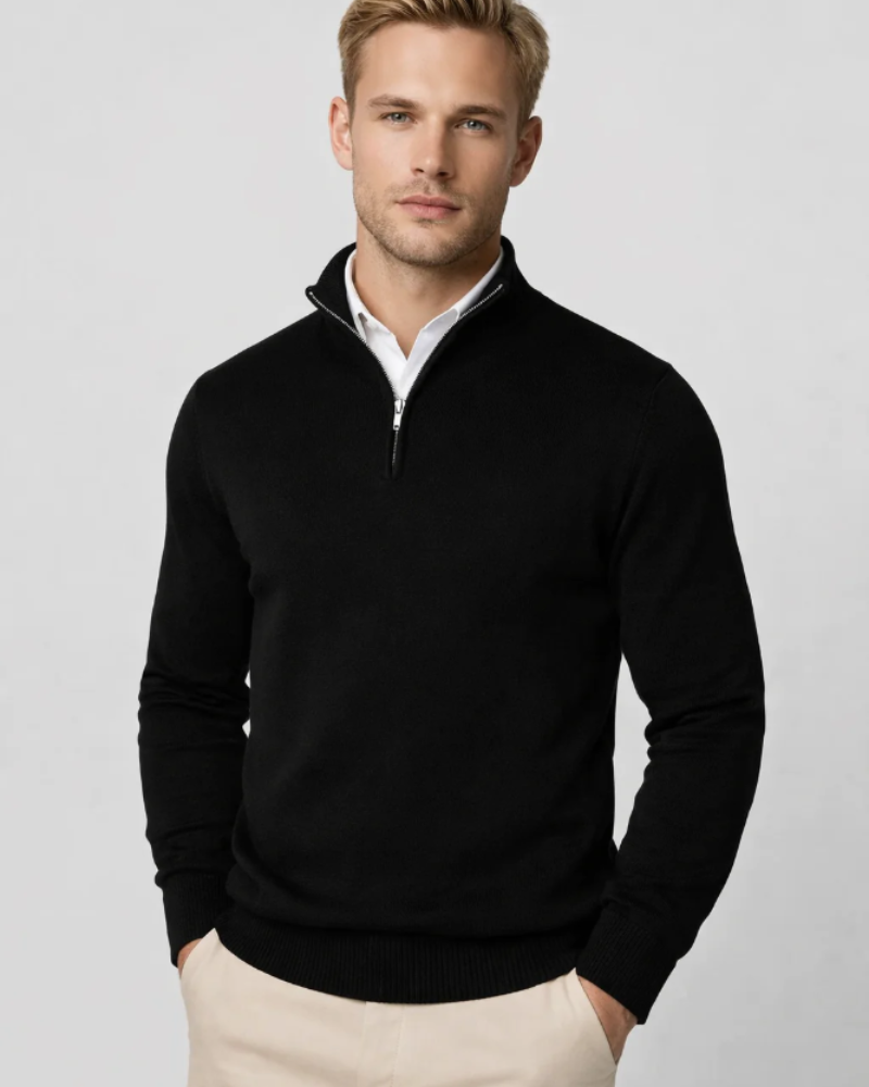 Bastien | Pull Camionneur Homme Col Montant Demi-Zip en Maille Confort - Noir