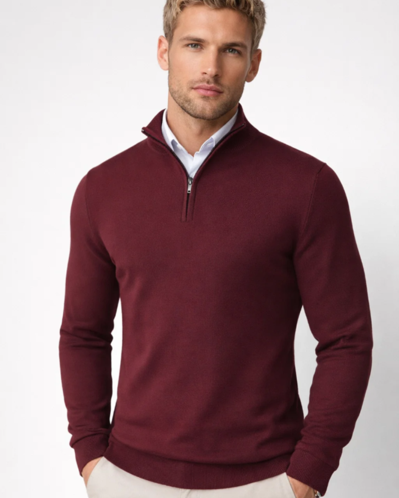 Bastien | Pull Camionneur Homme Col Montant Demi-Zip en Maille Confort - Rouge