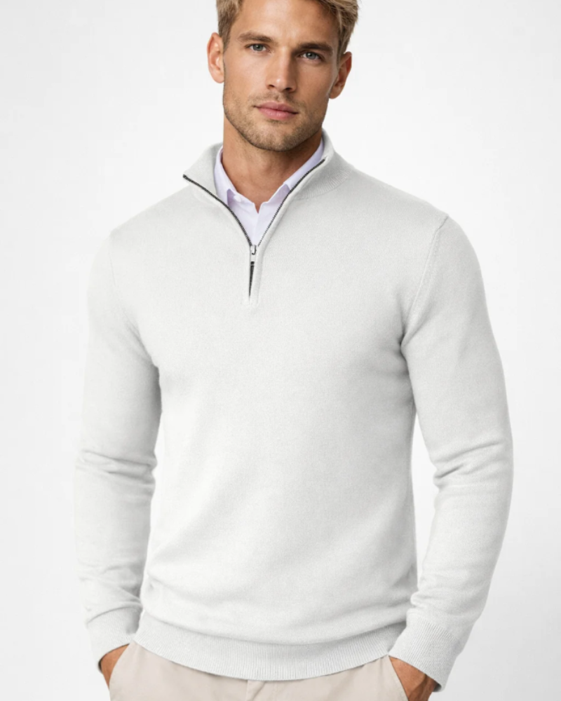 Bastien | Pull Camionneur Homme Col Montant Demi-Zip en Maille Confort - Blanc